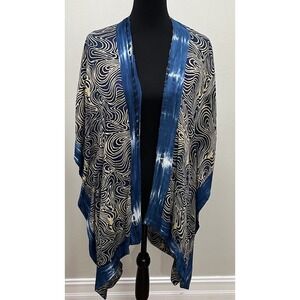 Soft Surroundings Women Petit S/M Komono Duster Blue Ivory Satin Trim Boho Chic